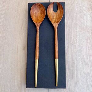 Vintage Mid-century Modern Wood Salad Servers + Box Minimalist / Retro Revival